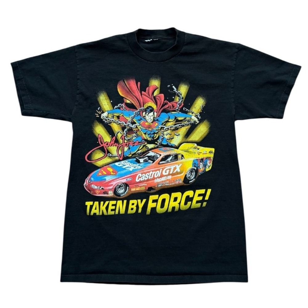 Vintage 90s John Force Superman Racing Castrol GTX NHRA Graphic Promo T-shirt
